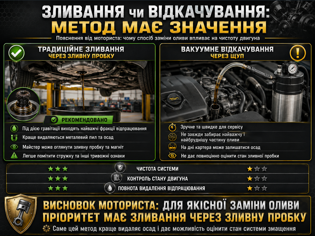 Відкачати чи Злити оливу та мастила? Що краще зливати оливи чи відкачувати опис методу у порівнняні на думку експерта автосервісу sian.ua