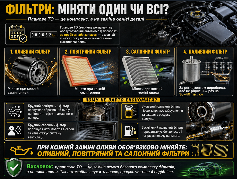 Міняти всі фільтра авто, чи тільки 1 мастила або оливи На що звернути увагу планового ТО авто,, а саме краще замінити всі фільтри